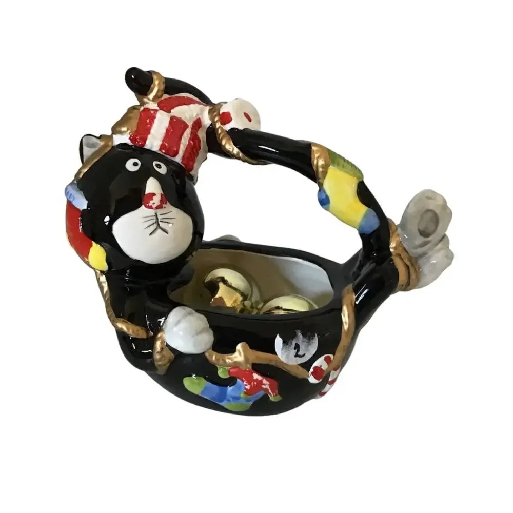 Vintage Ceramic Christmas Black Cat Basket